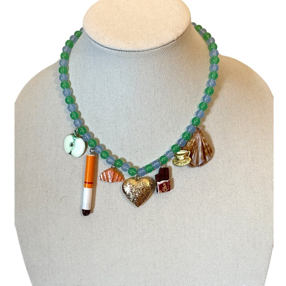 Handcrafted Boho Beaded Necklace With Fruit‎ photo Heart Teacup & Scallop Charms